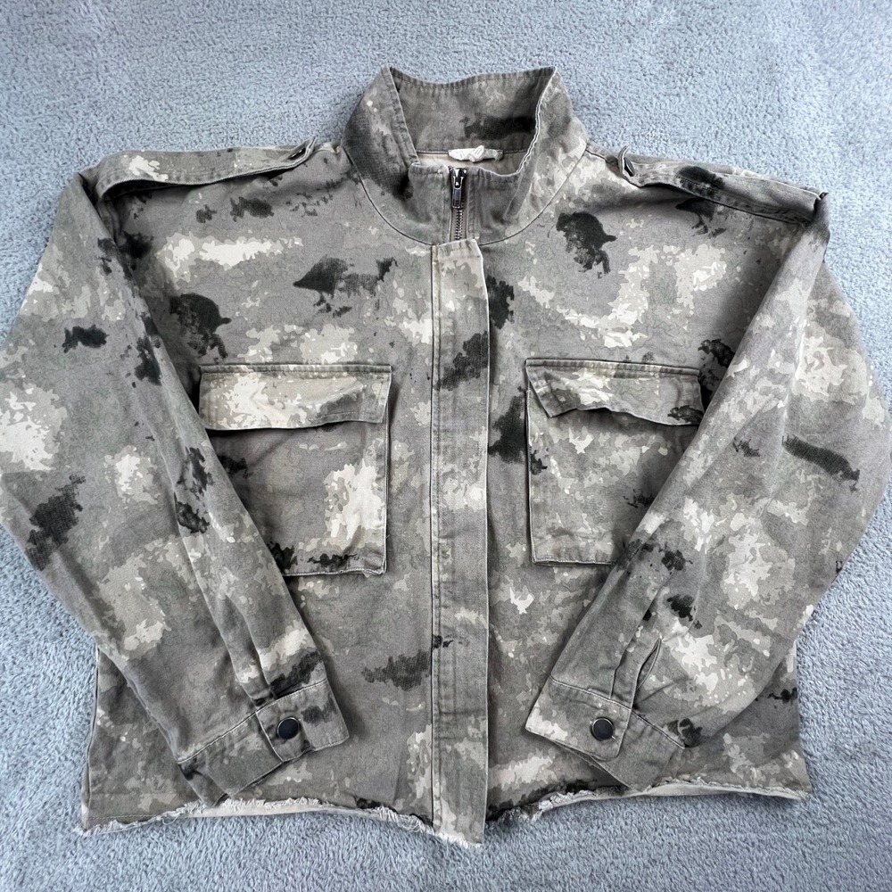 Mystree Camo Utility Jacket Womens‎ XL Grey Camouflage Frayed Hem Military Edgy